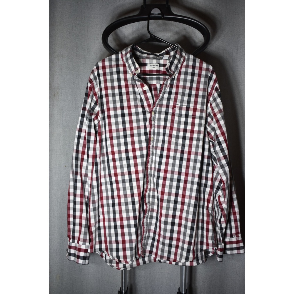 Dockers Mens Long Sleeve Plaid Button Down Shirt Burgundy Black White XL